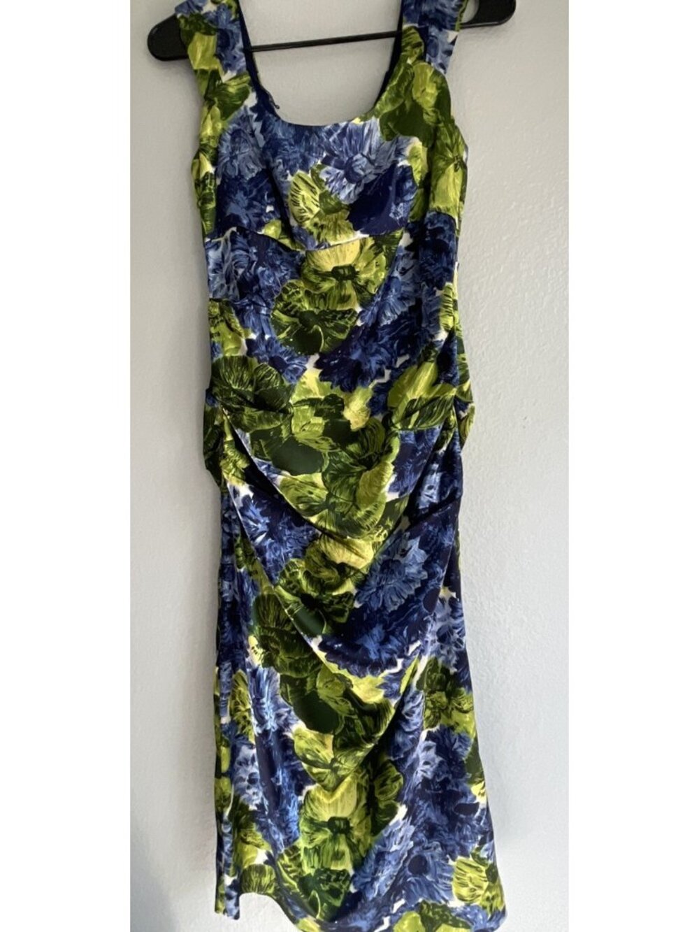 London Times sleeveless sheath dress ruched side blue green floral Sz 8